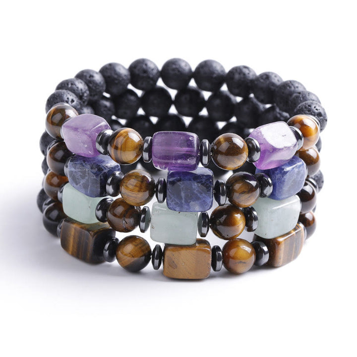 Pulsera de piedra de lava con cristales variados y Buddha Stones