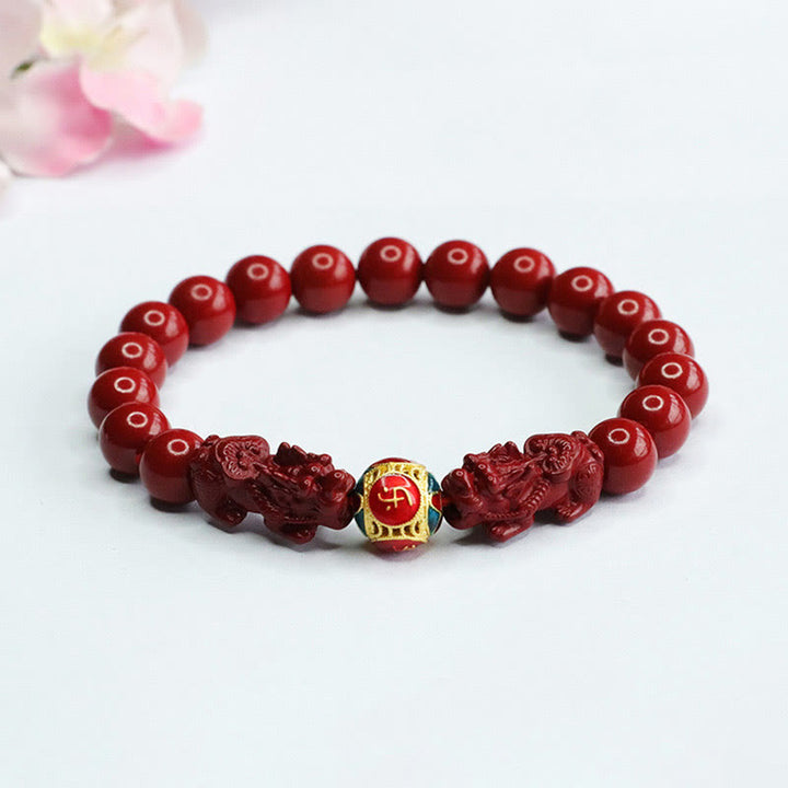 Pulsera de Buddha Stones con doble cinabrio y PIXIU que aleja a los malos espíritus - Pixiu doble de cinabrio (circunferencia de la muñeca: 14-16 cm) - 8 mm - image 0
