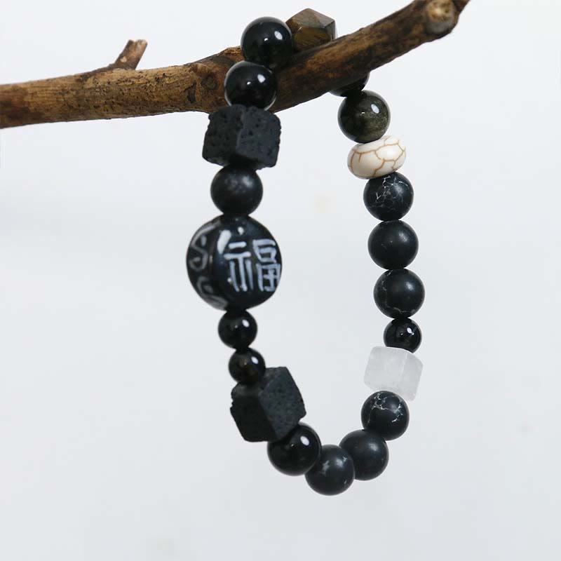 Pulsera con personaje de la suerte Fu, Buddha Stones , cerámica, ónix negro, ágata y piedra brillante negra