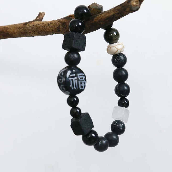 Pulsera con personaje de la suerte Fu, Buddha Stones , cerámica, ónix negro, ágata y piedra brillante negra