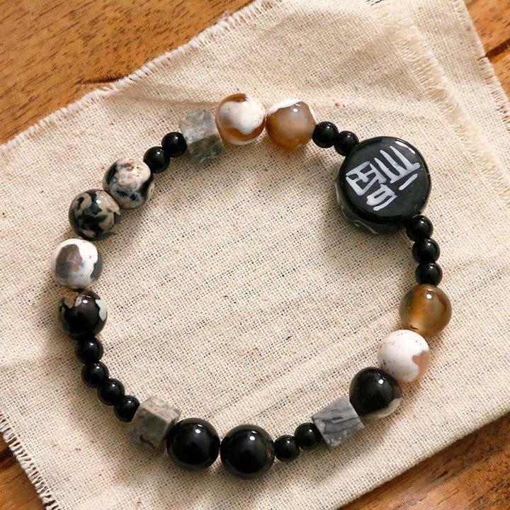 Pulsera con personaje de la suerte Fu, Buddha Stones , cerámica, ónix negro, ágata y piedra brillante negra