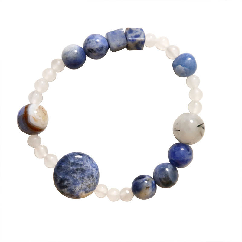 Pulsera de cuarzo rutilado negro con jade, ágata y aventurina azul y Buddha Stones