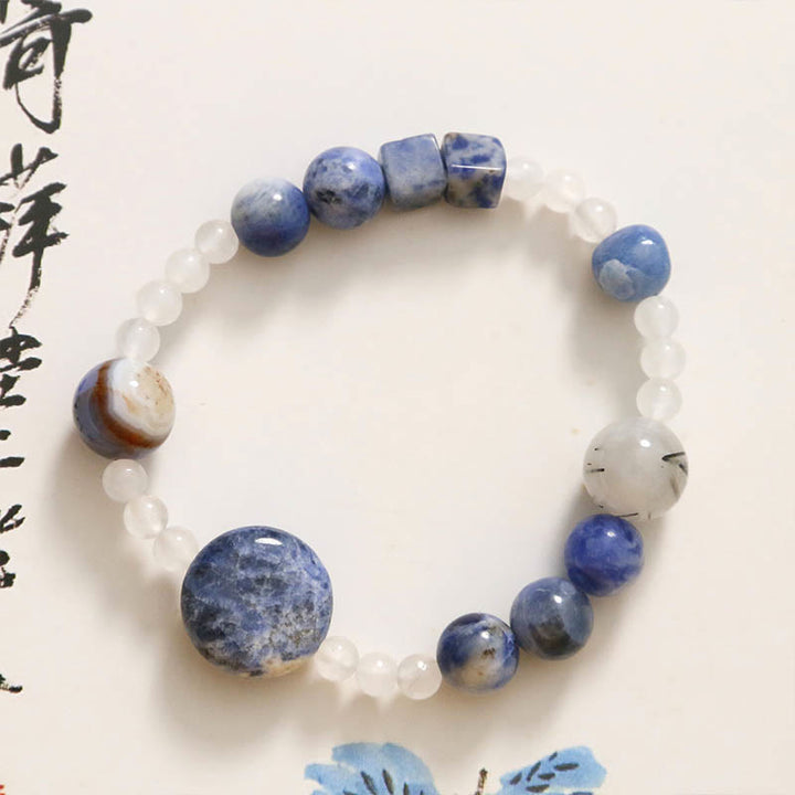 Pulsera de cuarzo rutilado negro con jade, ágata y aventurina azul y Buddha Stones