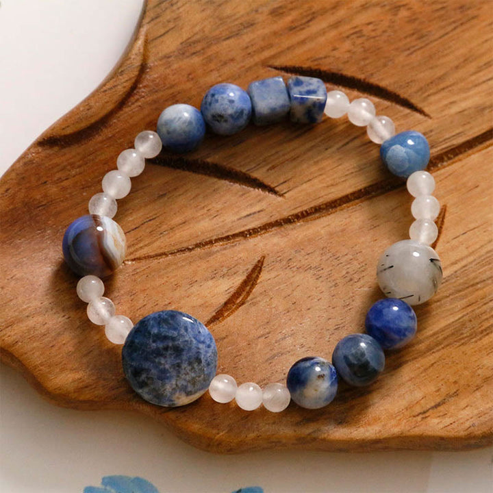 Pulsera de cuarzo rutilado negro con jade, ágata y aventurina azul y Buddha Stones