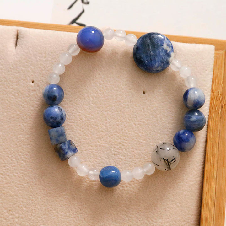 Pulsera de cuarzo rutilado negro con jade, ágata y aventurina azul y Buddha Stones