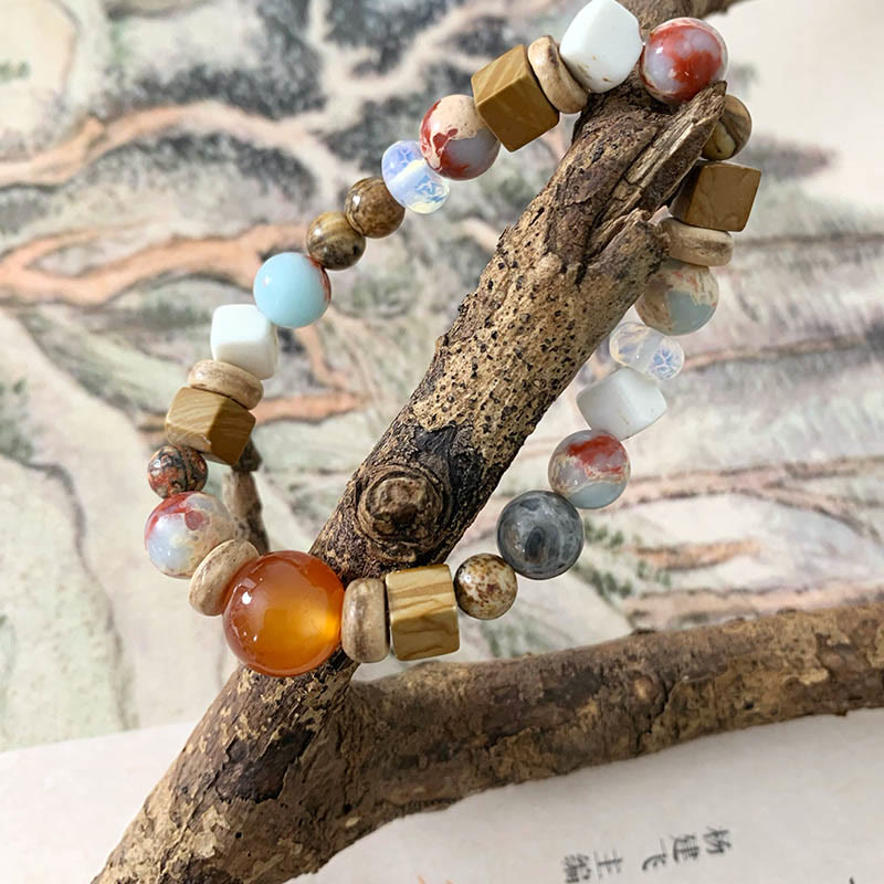 Pulsera de bendición de calma con Buddha Stones, ágata roja, piedra Shoushan, turquesa blanca