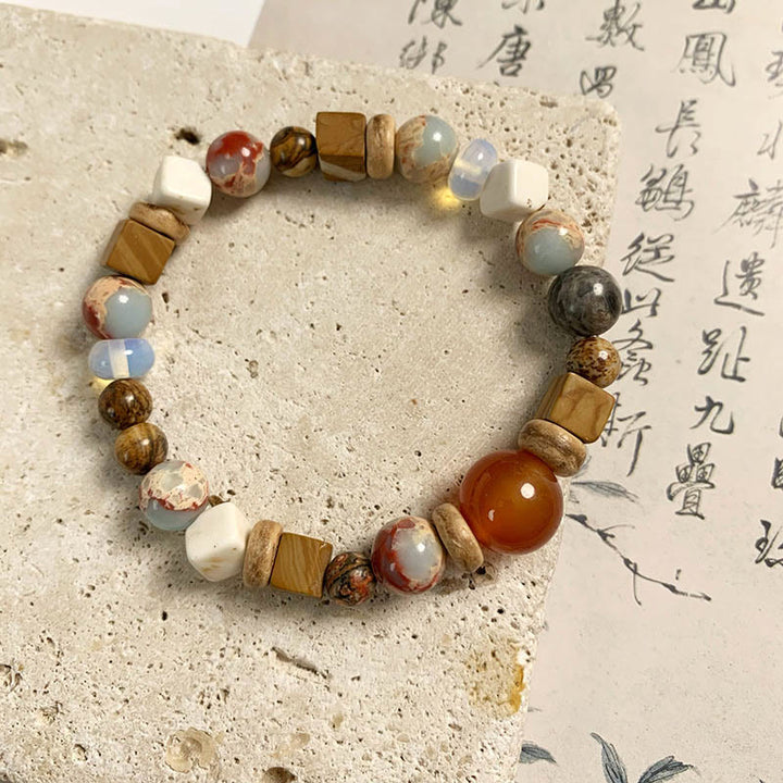 Pulsera de bendición de calma con Buddha Stones, ágata roja, piedra Shoushan, turquesa blanca