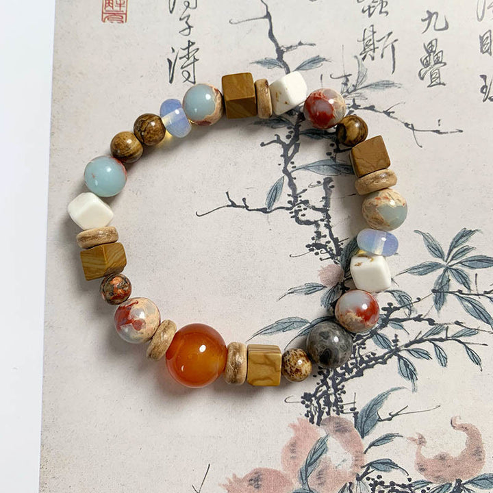Pulsera de bendición de calma con Buddha Stones, ágata roja, piedra Shoushan, turquesa blanca