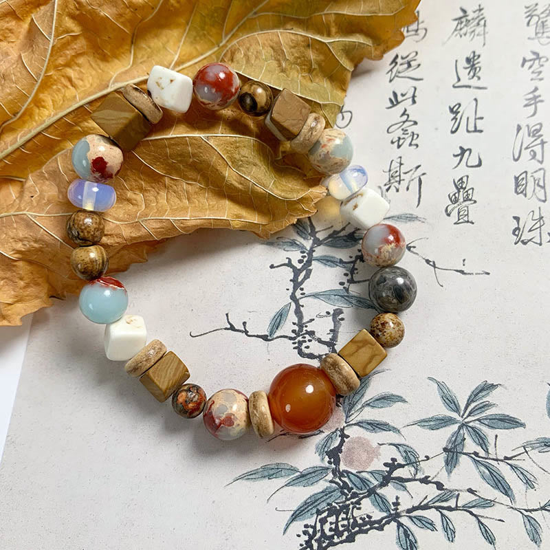 Pulsera de bendición de calma con Buddha Stones, ágata roja, piedra Shoushan, turquesa blanca