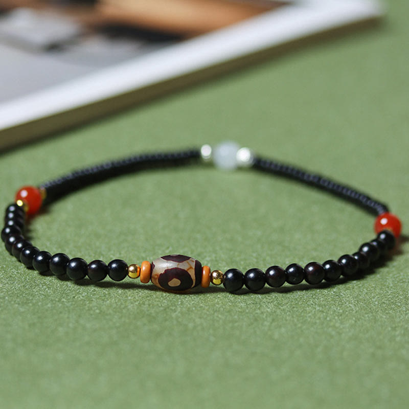 Pulsera de doble vuelta con cuentas Dzi de sándalo, ébano y sándalo verde y Buddha Stones