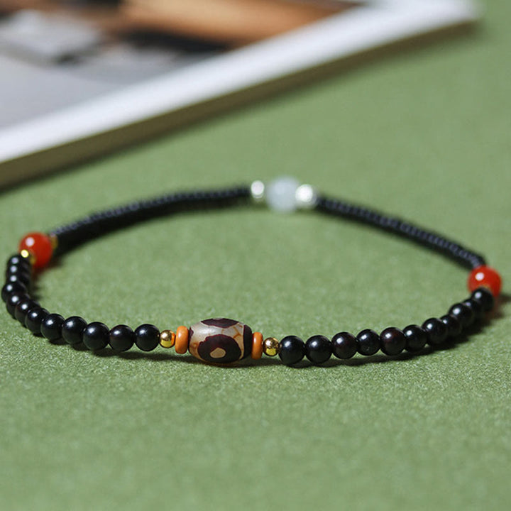 Pulsera de doble vuelta con cuentas Dzi de sándalo, ébano y sándalo verde y Buddha Stones