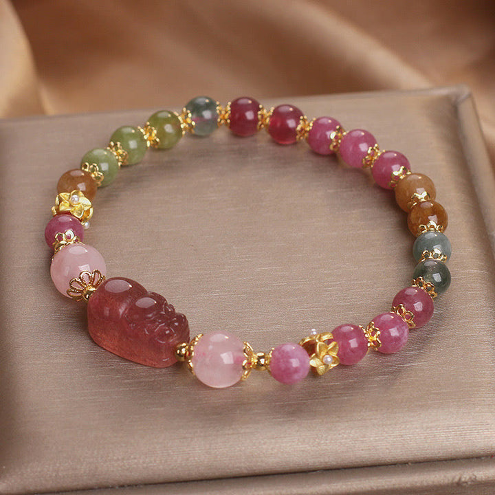 Pulsera PIXIU Love con turmalina, cuarzo fresa y cristal rosa de Buddha Stones - Cristal de turmalina rosa (circunferencia de la muñeca: 14-16 cm) - image 1