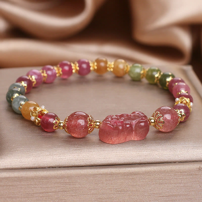 Pulsera PIXIU Love con turmalina, cuarzo fresa y cristal rosa de Buddha Stones