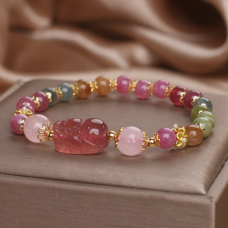 Pulsera PIXIU Love con turmalina, cuarzo fresa y cristal rosa de Buddha Stones