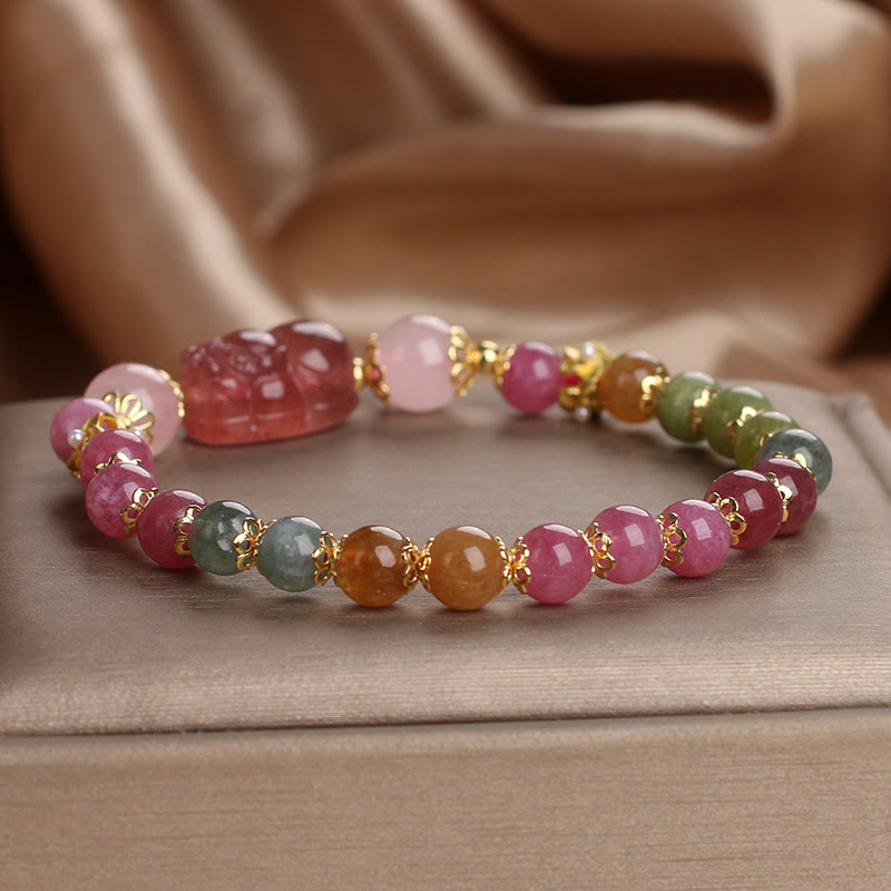 Pulsera PIXIU Love con turmalina, cuarzo fresa y cristal rosa de Buddha Stones