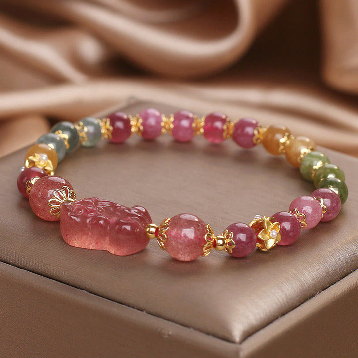 Pulsera PIXIU Love con turmalina, cuarzo fresa y cristal rosa de Buddha Stones