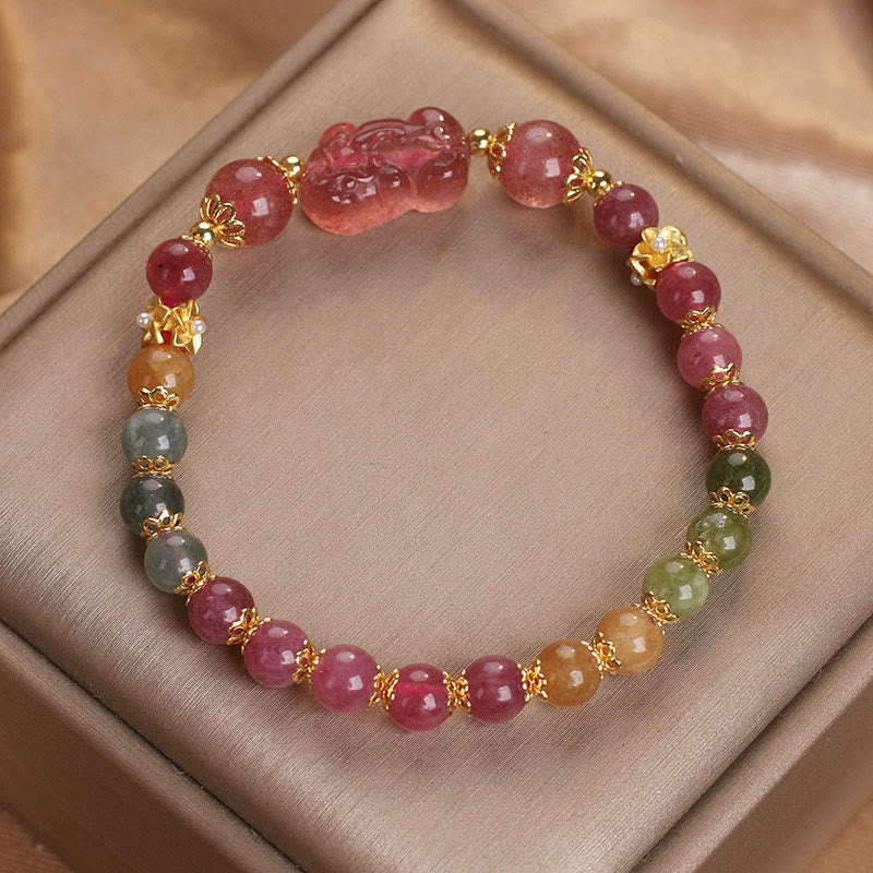 Pulsera PIXIU Love con turmalina, cuarzo fresa y cristal rosa de Buddha Stones