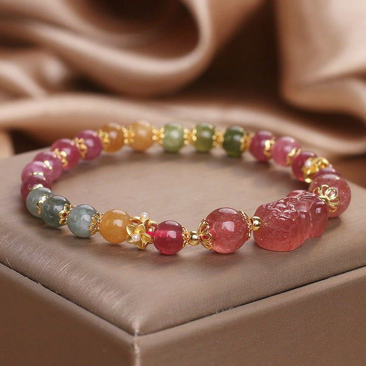 Pulsera PIXIU Love con turmalina, cuarzo fresa y cristal rosa de Buddha Stones