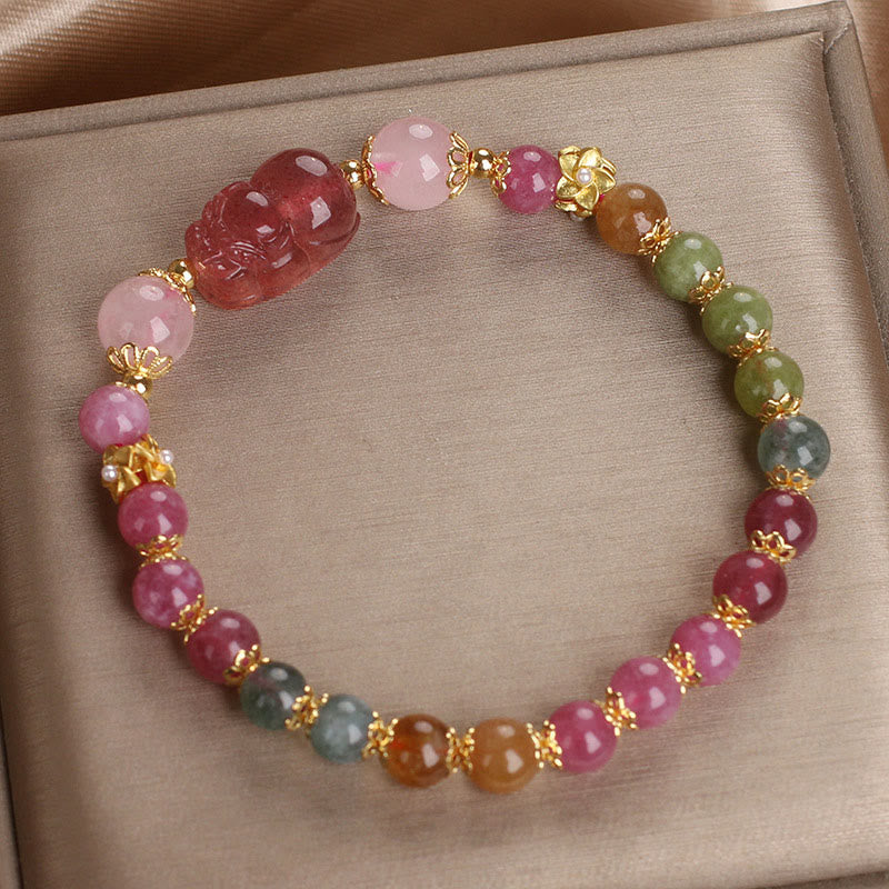 Pulsera PIXIU Love con turmalina, cuarzo fresa y cristal rosa de Buddha Stones