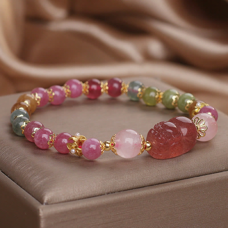 Pulsera PIXIU Love con turmalina, cuarzo fresa y cristal rosa de Buddha Stones