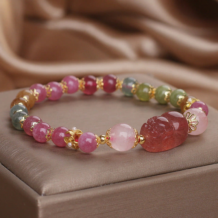 Pulsera PIXIU Love con turmalina, cuarzo fresa y cristal rosa de Buddha Stones