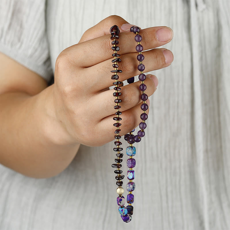 Pulsera de comunicación con triple vuelta de piedra emperador, amatista y granate de Buddha Stones