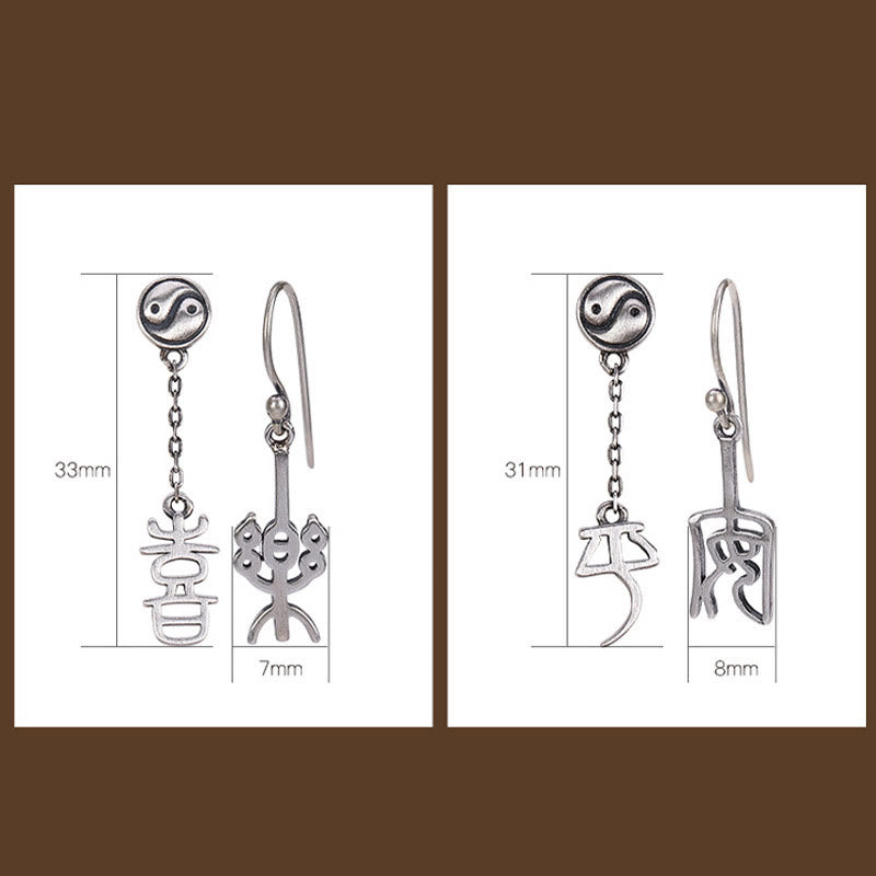 Pendientes de protección con caracteres chinos "Ping An" y "Xi Le" en plata de ley 925 con Buddha Stones
