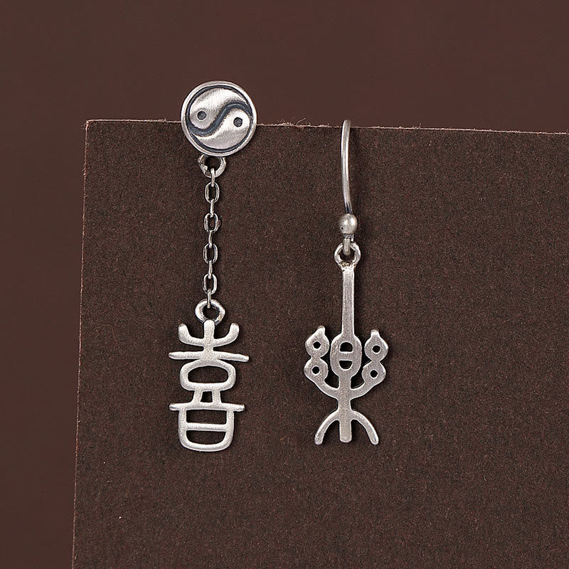 Pendientes de protección con caracteres chinos "Ping An" y "Xi Le" en plata de ley 925 con Buddha Stones
