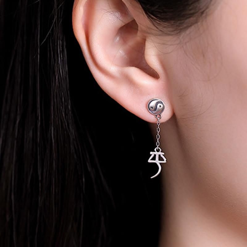 Pendientes de protección con caracteres chinos "Ping An" y "Xi Le" en plata de ley 925 con Buddha Stones