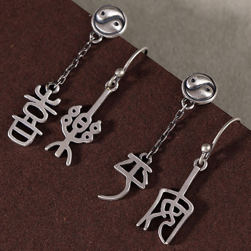 Pendientes de protección con caracteres chinos "Ping An" y "Xi Le" en plata de ley 925 con Buddha Stones