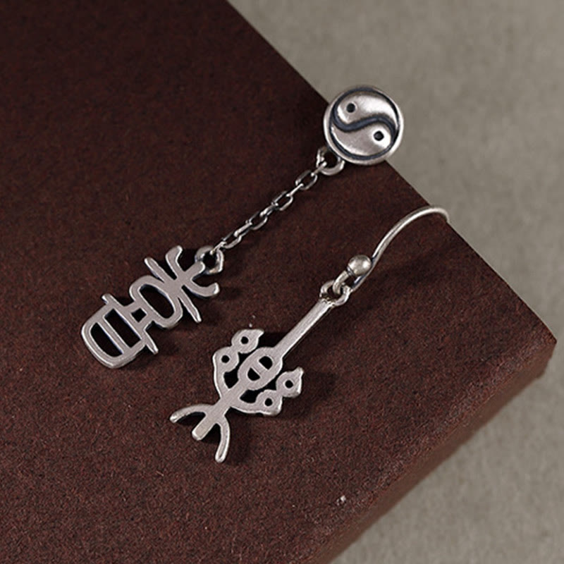 Pendientes de protección con caracteres chinos "Ping An" y "Xi Le" en plata de ley 925 con Buddha Stones
