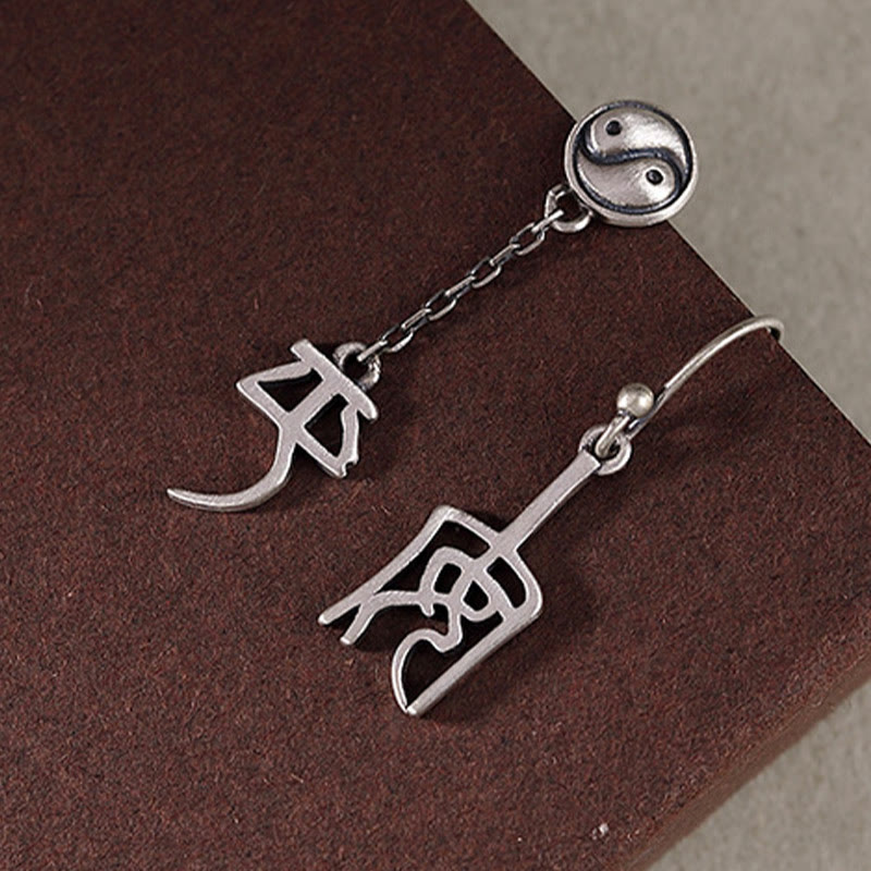 Pendientes de protección con caracteres chinos "Ping An" y "Xi Le" en plata de ley 925 con Buddha Stones