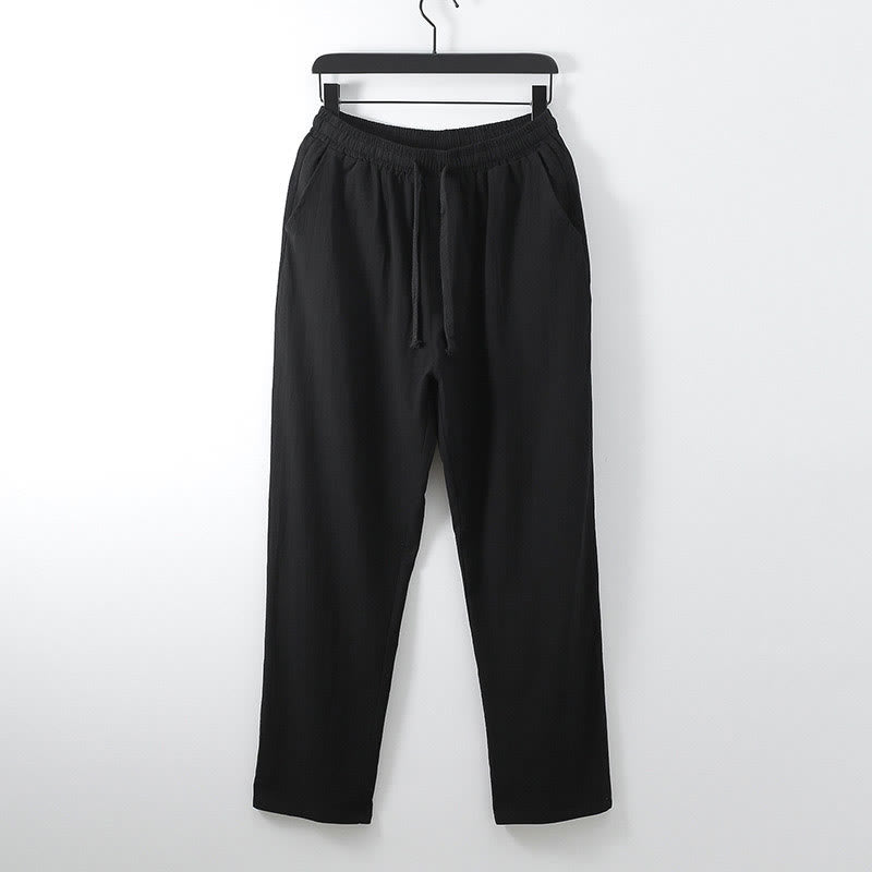 Pantalones casuales holgados de lino y algodón de color liso con bolsillos para hombre con Buddha Stones - Negro - US/UK/AU54, EU64 (9XL) - image 7