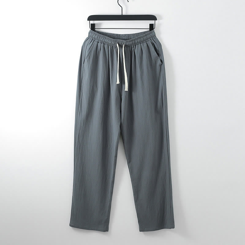 Pantalones casuales holgados de lino y algodón de color liso con bolsillos para hombre con Buddha Stones - Gris oscuro - US/UK/AU54, EU64 (9XL) - image 0