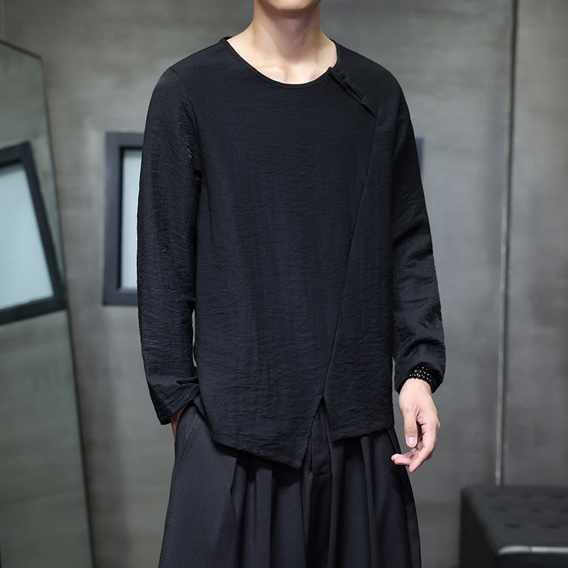 Camisas de algodón para hombre, cuello redondo, manga larga, sueltas, de color liso y con Buddha Stones - image 27