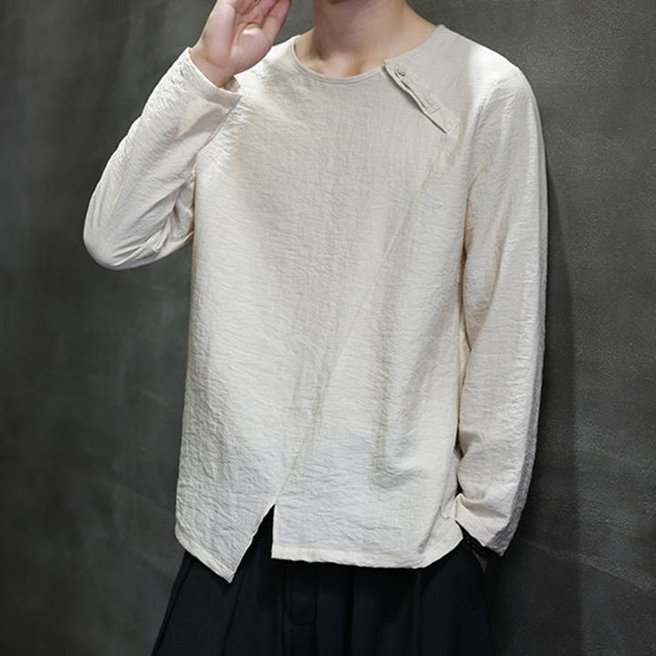 Camisas de algodón para hombre, cuello redondo, manga larga, sueltas, de color liso y con Buddha Stones - image 19
