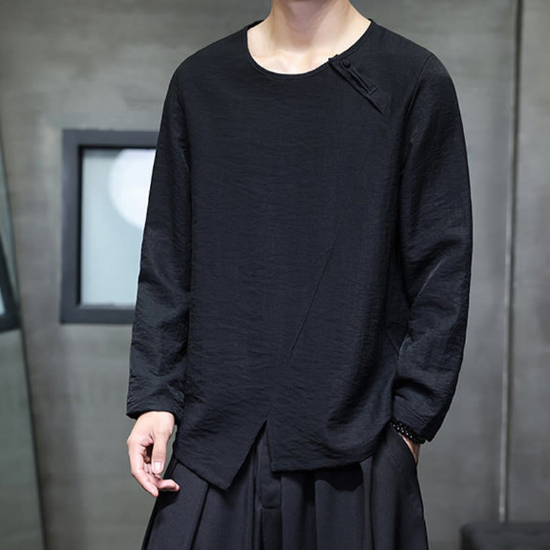 Camisas de algodón para hombre, cuello redondo, manga larga, sueltas, de color liso y con Buddha Stones - image 29