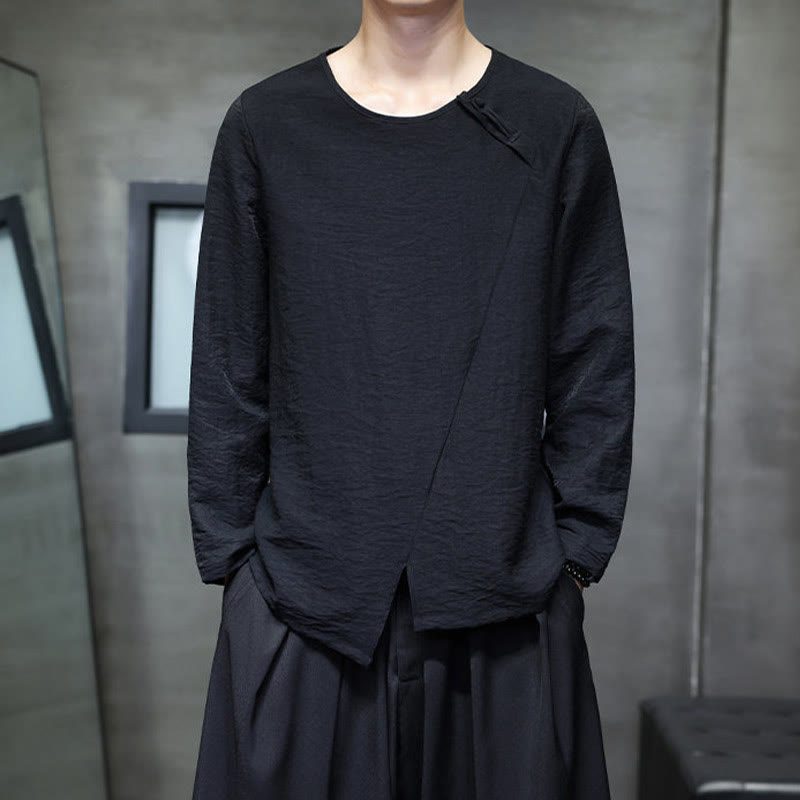 Camisas de algodón para hombre, cuello redondo, manga larga, sueltas, de color liso y con Buddha Stones - Negro - US/UK/AU44, UE54 (5XL) - image 24