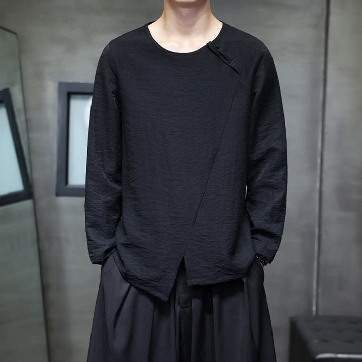 Camisas de algodón para hombre, cuello redondo, manga larga, sueltas, de color liso y con Buddha Stones - Negro - US/UK/AU44, UE54 (5XL) - image 24