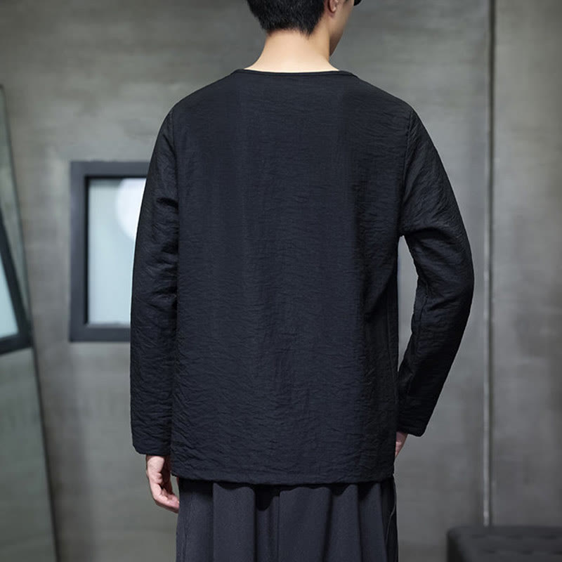 Camisas de algodón para hombre, cuello redondo, manga larga, sueltas, de color liso y con Buddha Stones - image 26