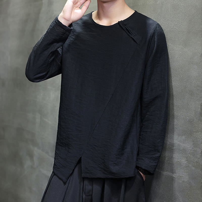 Camisas de algodón para hombre, cuello redondo, manga larga, sueltas, de color liso y con Buddha Stones - image 33