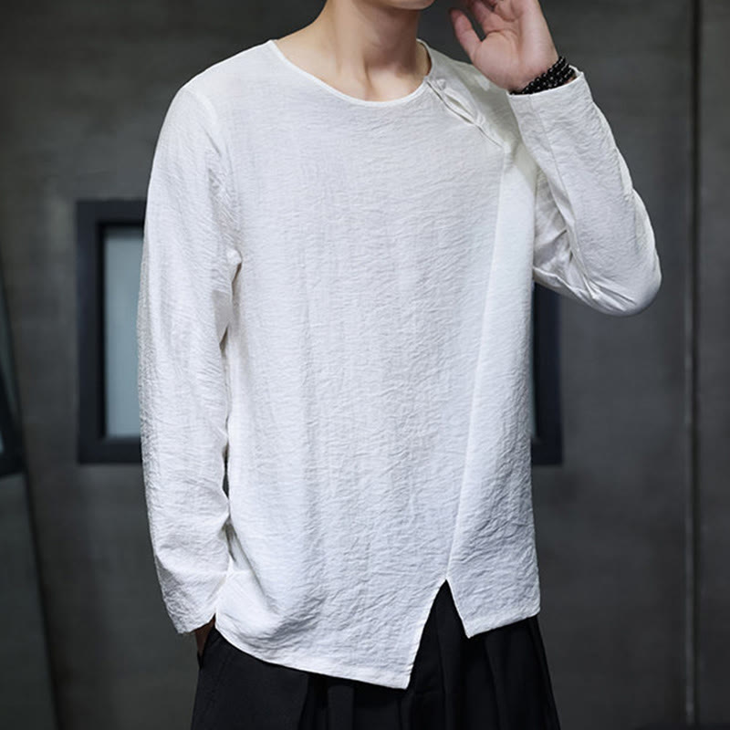 Camisas de algodón para hombre, cuello redondo, manga larga, sueltas, de color liso y con Buddha Stones - image 6