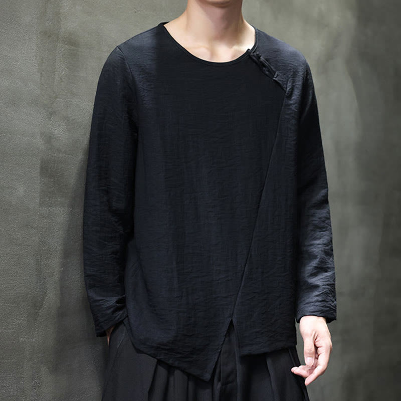 Camisas de algodón para hombre, cuello redondo, manga larga, sueltas, de color liso y con Buddha Stones - image 31