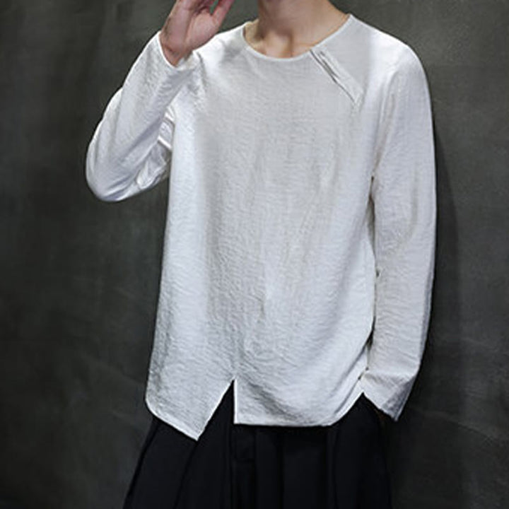 Camisas de algodón para hombre, cuello redondo, manga larga, sueltas, de color liso y con Buddha Stones - image 10