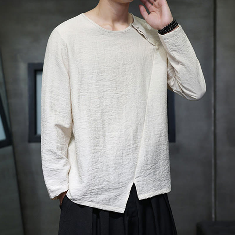 Camisas de algodón para hombre, cuello redondo, manga larga, sueltas, de color liso y con Buddha Stones - image 23