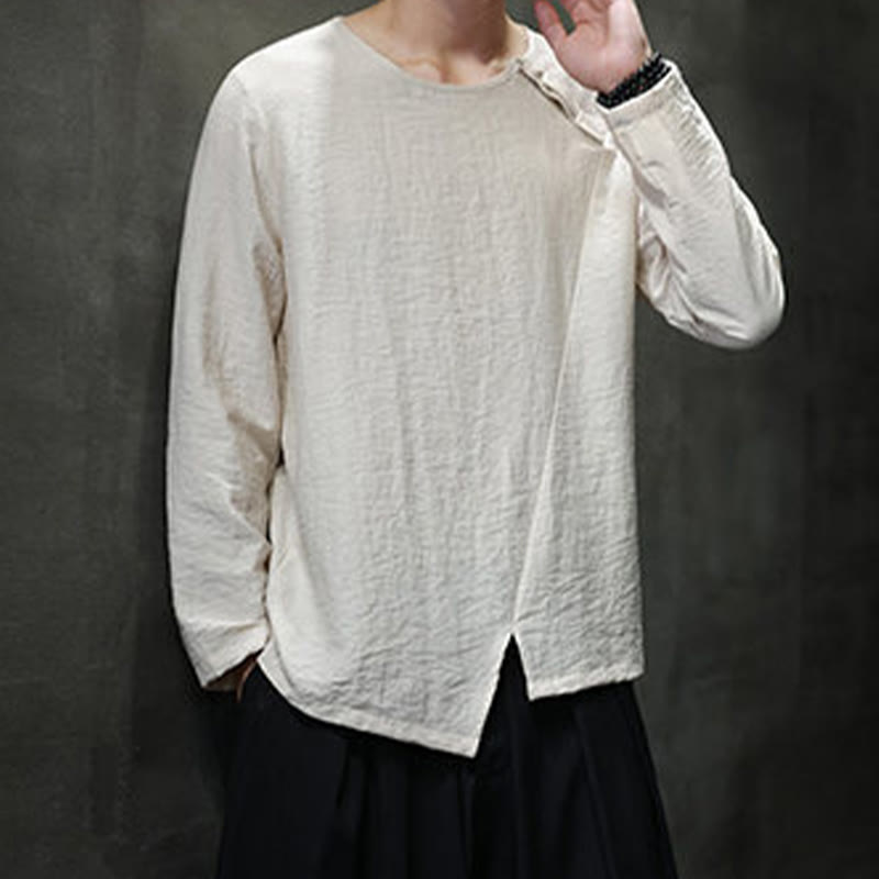 Camisas de algodón para hombre, cuello redondo, manga larga, sueltas, de color liso y con Buddha Stones - image 18