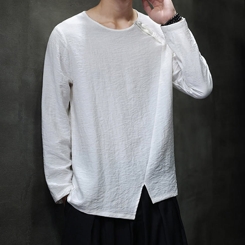 Camisas de algodón para hombre, cuello redondo, manga larga, sueltas, de color liso y con Buddha Stones - image 9