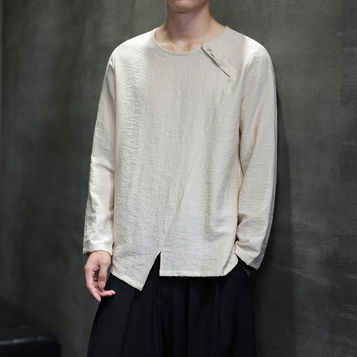 Camisas de algodón para hombre, cuello redondo, manga larga, sueltas, de color liso y con Buddha Stones - image 22