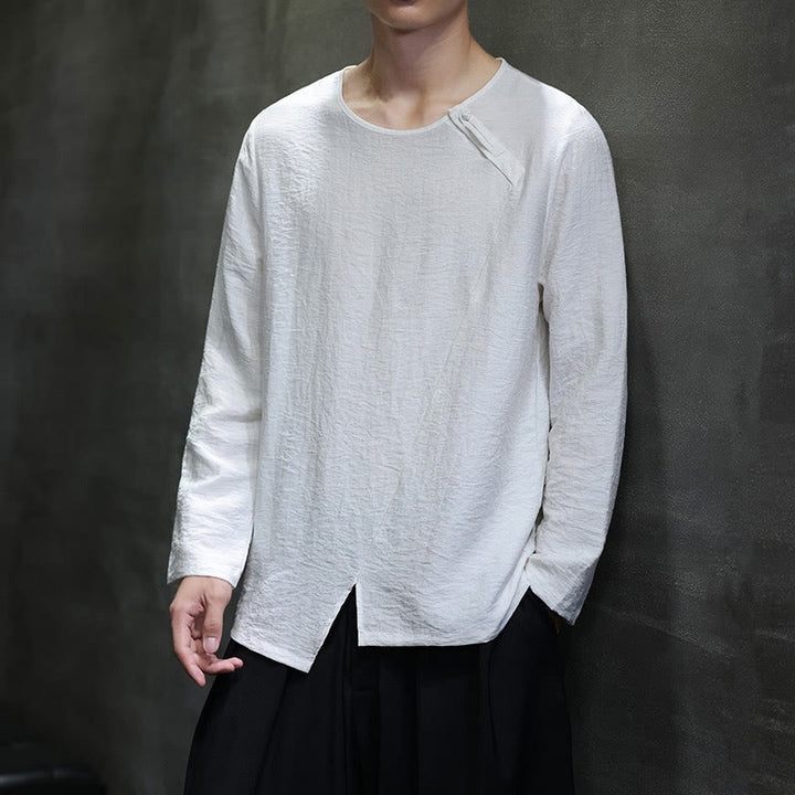Camisas de algodón para hombre, cuello redondo, manga larga, sueltas, de color liso y con Buddha Stones - image 3