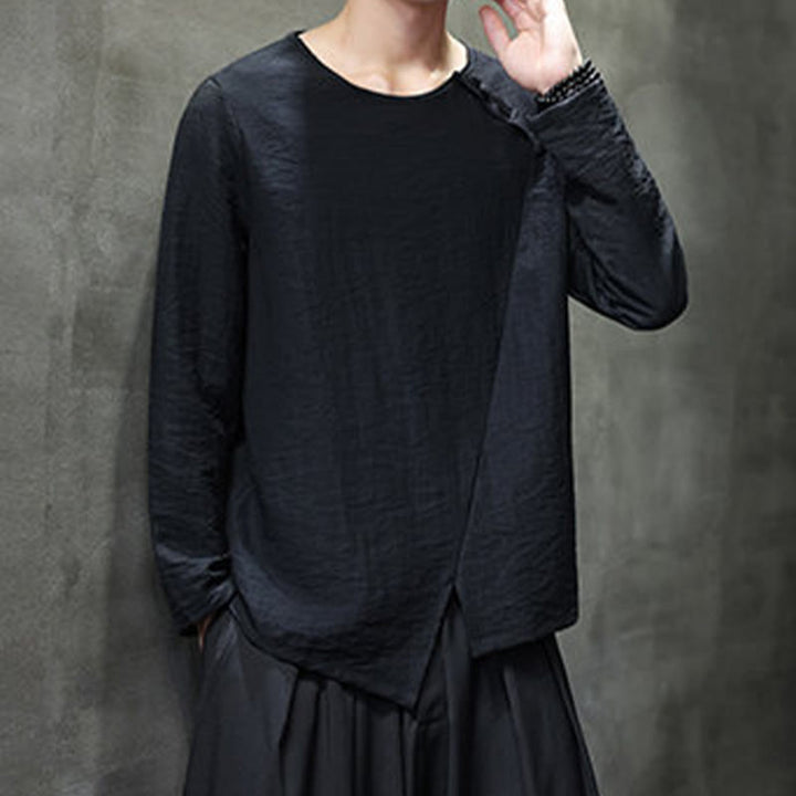 Camisas de algodón para hombre, cuello redondo, manga larga, sueltas, de color liso y con Buddha Stones - image 32